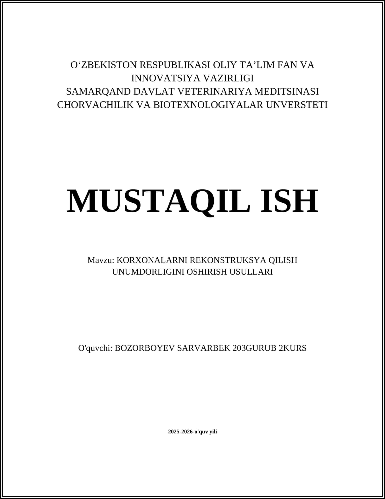 KORXONALARNI REKONSTRUKSYA QILISH UNUMDORLIGINI OSHIRISH USULLARI