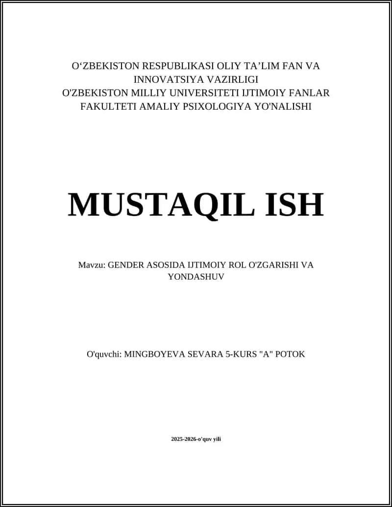 GENDER ASOSIDA IJTIMOIY ROL O'ZGARISHI VA YONDASHUV
