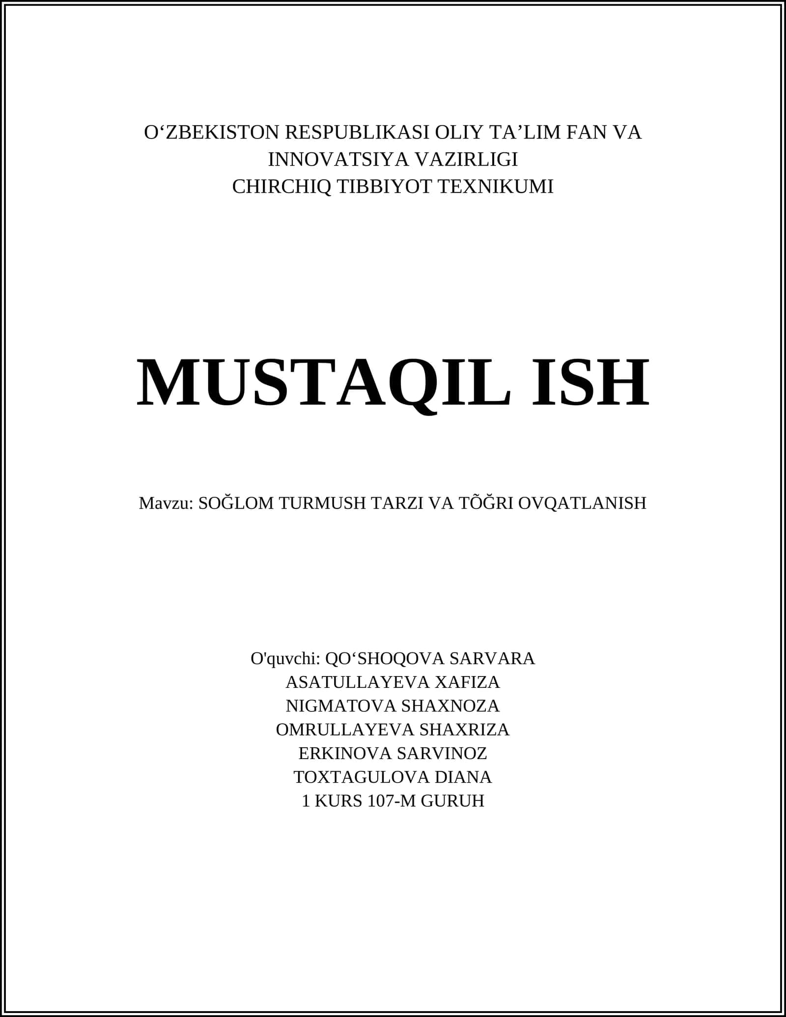 SOĞLOM TURMUSH TARZI VA TÕĞRI OVQATLANISH