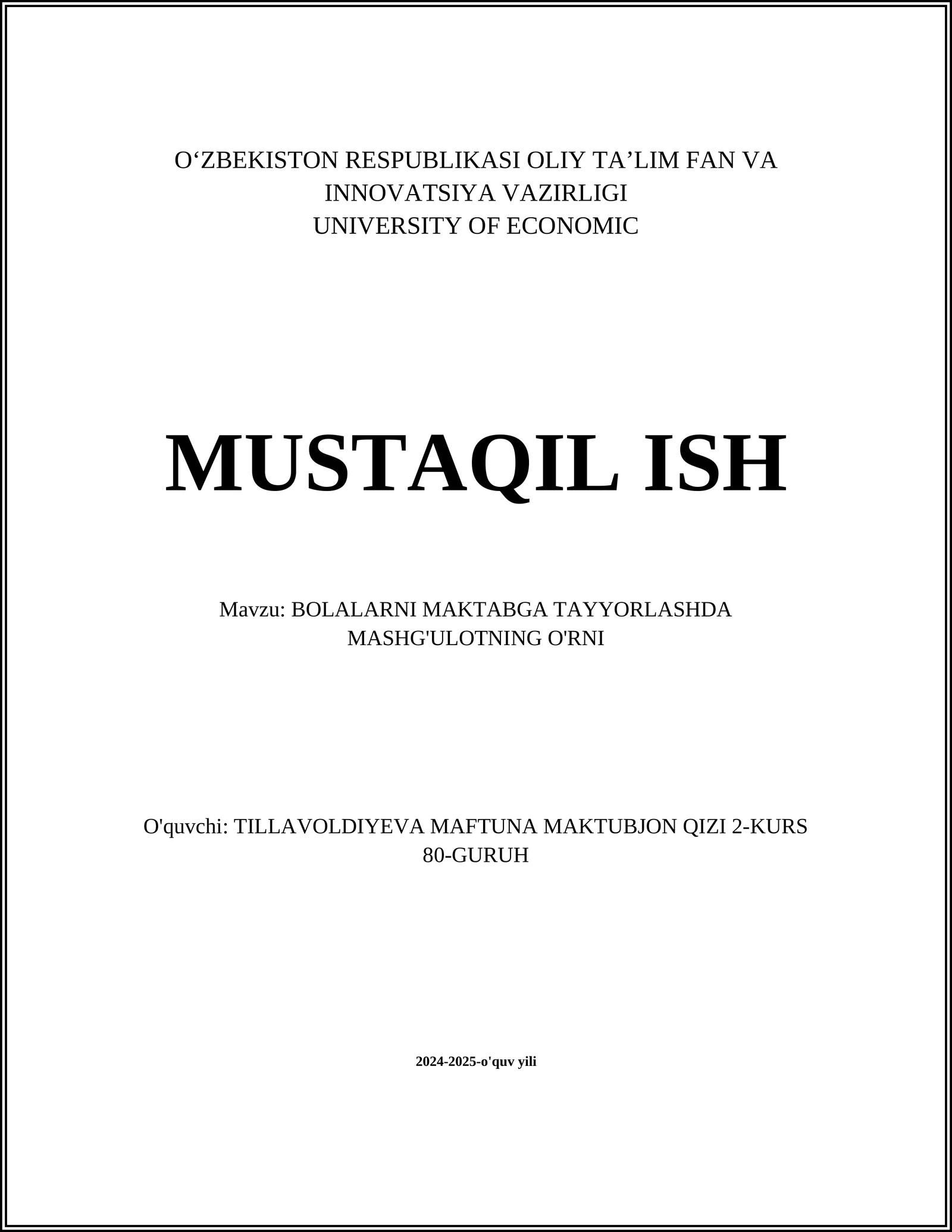 BOLALARNI MAKTABGA TAYYORLASHDA MASHG'ULOTNING O'RNI