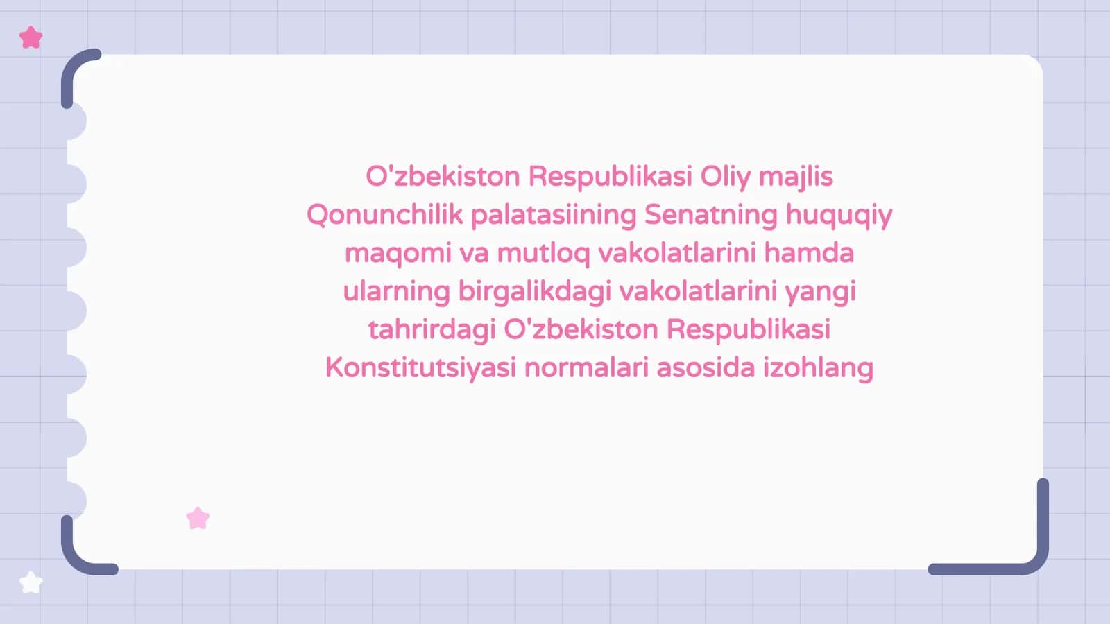 O'zbekiston Respublikasi Oliy majlis Qonunchilik palatasiining Senatning huquqiy maqomi va mutloq vakolatlarini hamda ularning birgalikdagi vakolatlarini yangi tahrirdagi O'zbekiston Respublikasi Konstitutsiyasi normalari as