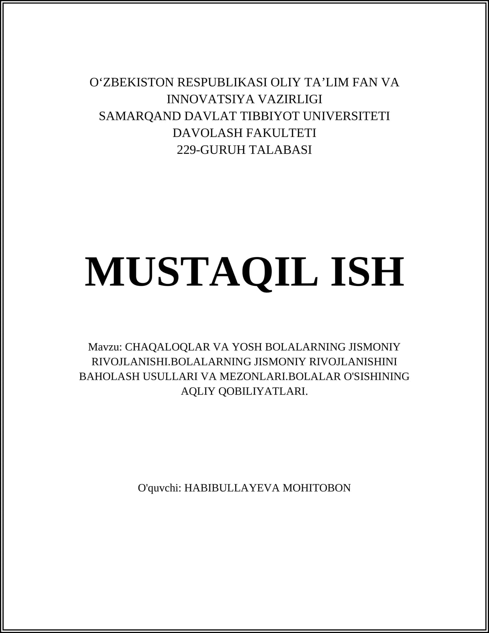 CHAQALOQLAR VA YOSH BOLALARNING JISMONIY RIVOJLANISHI
