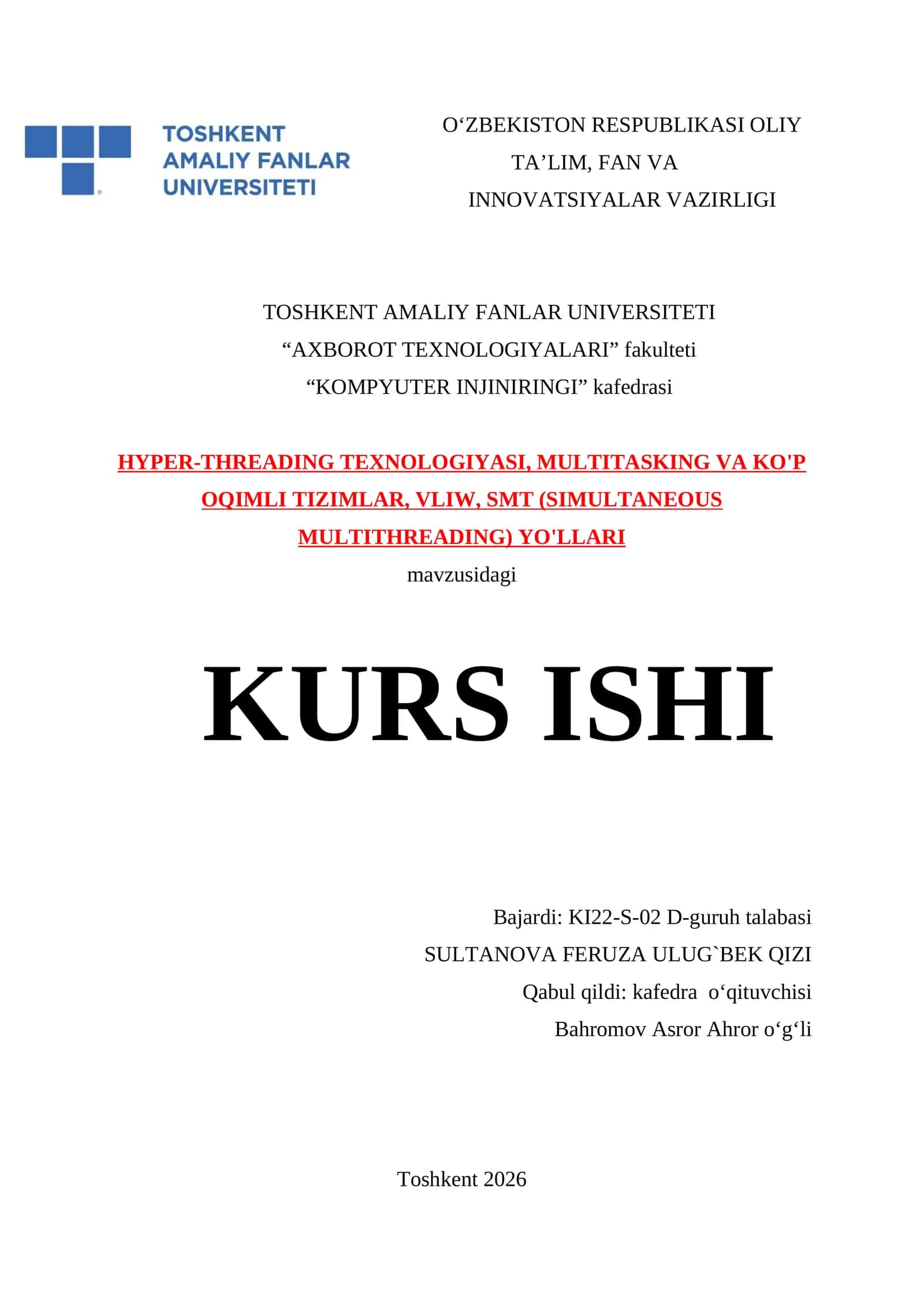 KOMPYUTER INJINIRINGI KAFEDRASI KURS ISHI