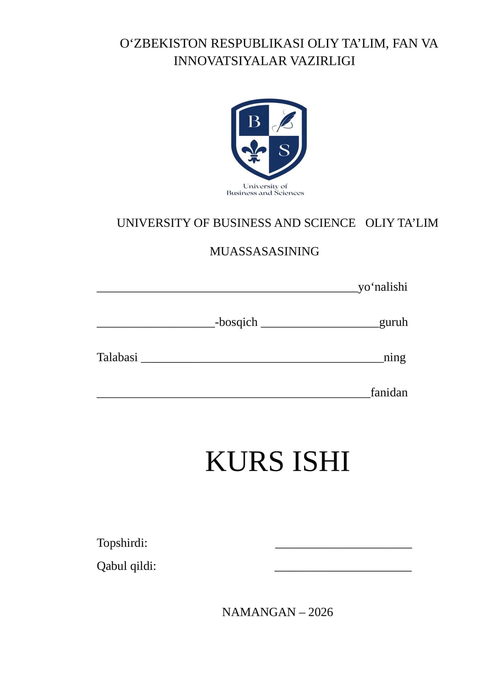 Kurs ishi University of Business and Science Til va adabiyot ta’limi kafedrasida
