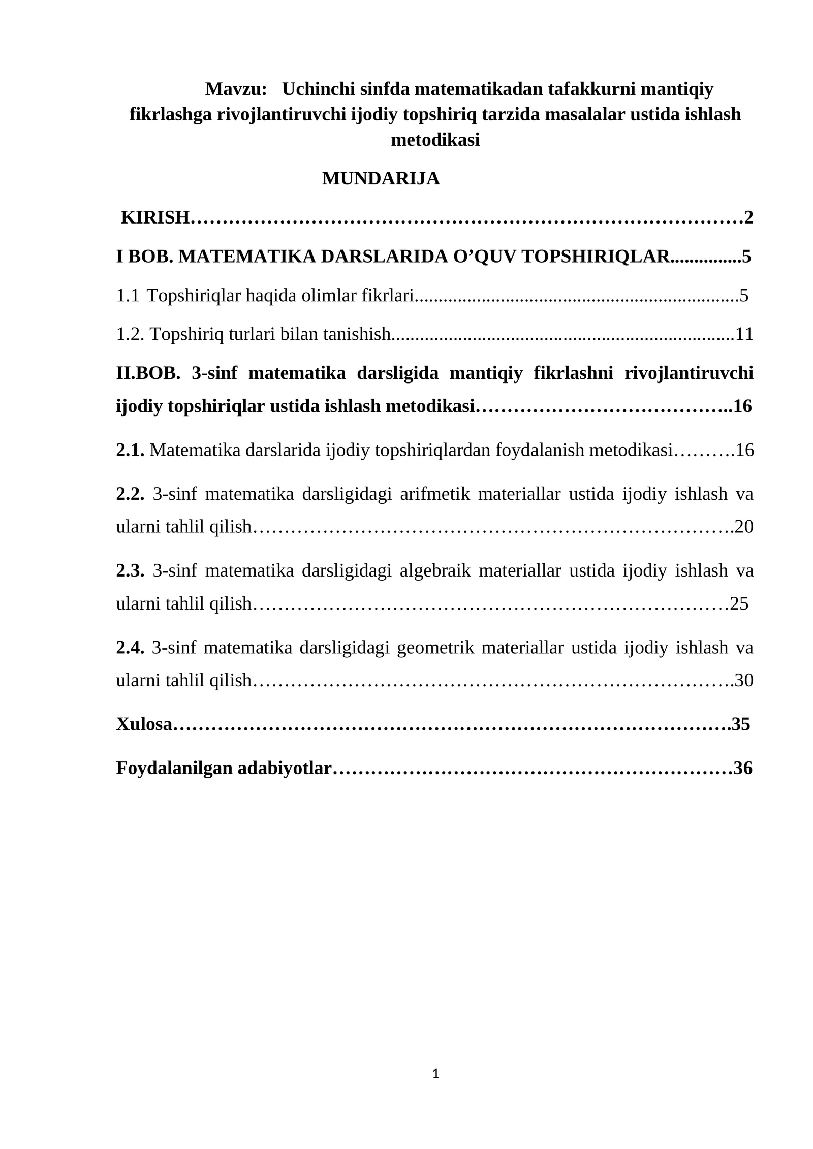 3-Sinf Matematikadan Tafakkurni Mantiqiy Fikrlashga Rivojlantiruvchi Ijodiy Topshiriq Tarzida Islash Metodikasi