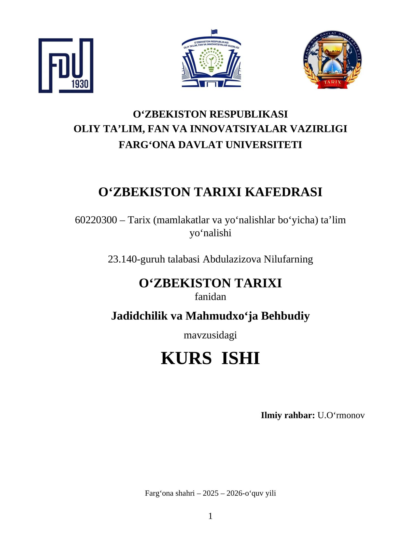 Jadidchilik va Mahmudxo‘ja Behbudiy mavzusidagi KURS ISHI
