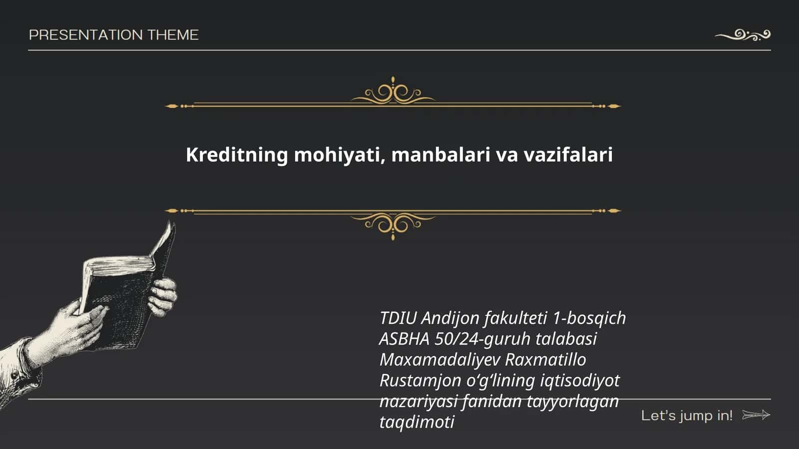TDIU Andijon fakulteti 1-bosqich ASBHA 50/24-guruh talabasi Maxamadaliyev Raxmatillo Rustamjon oʻgʻlining iqtisodiyot nazariyasi fanidan tayyorlagan taqdimoti