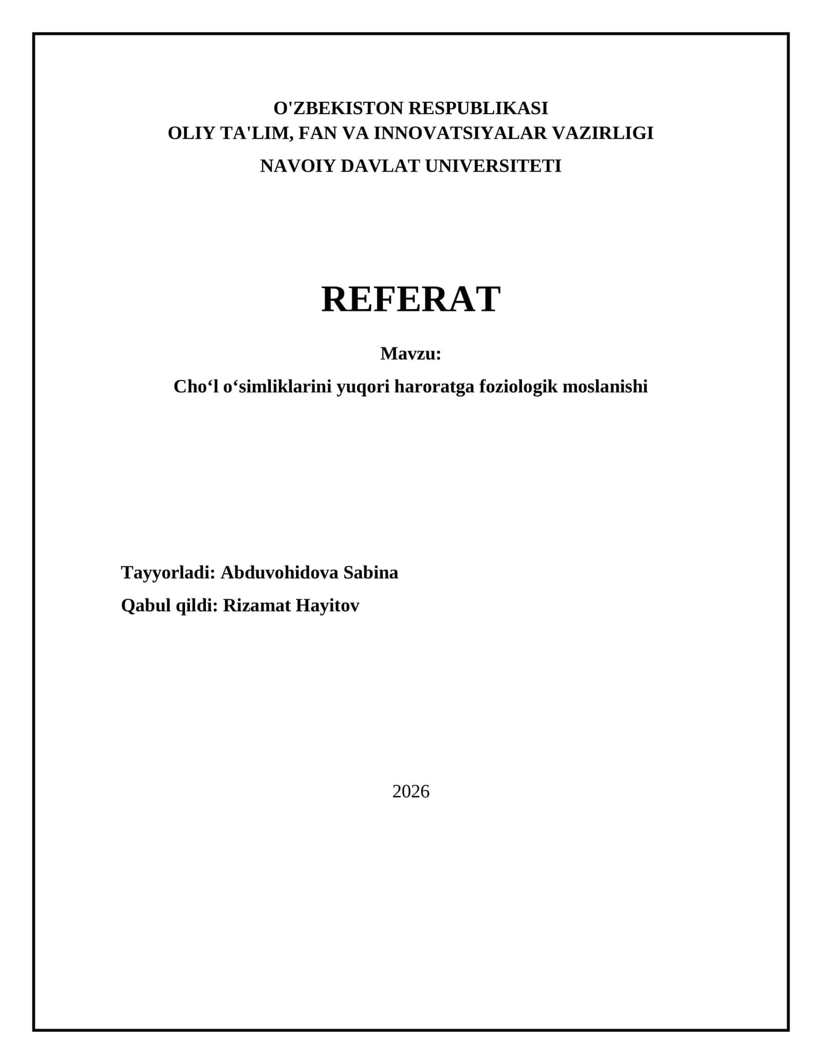 Choʻl oʻsimliklarini yuqori haroratga foziologik moslanishi