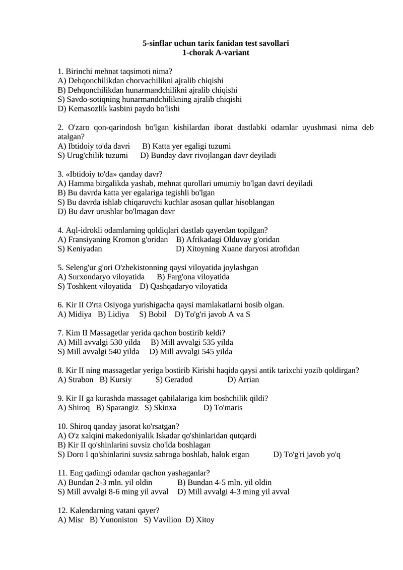 5-sinflar uchun tarix fanidan test savollari