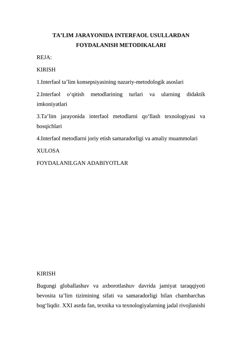 Taʼlim jarayonida interfaol usullardan foydalanish metodikalari