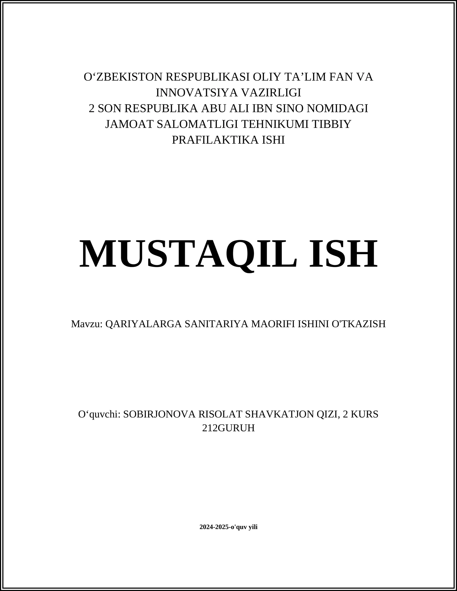QARIYALARGA SANITARIYA MAORIFI ISHINI O'TKAZISH