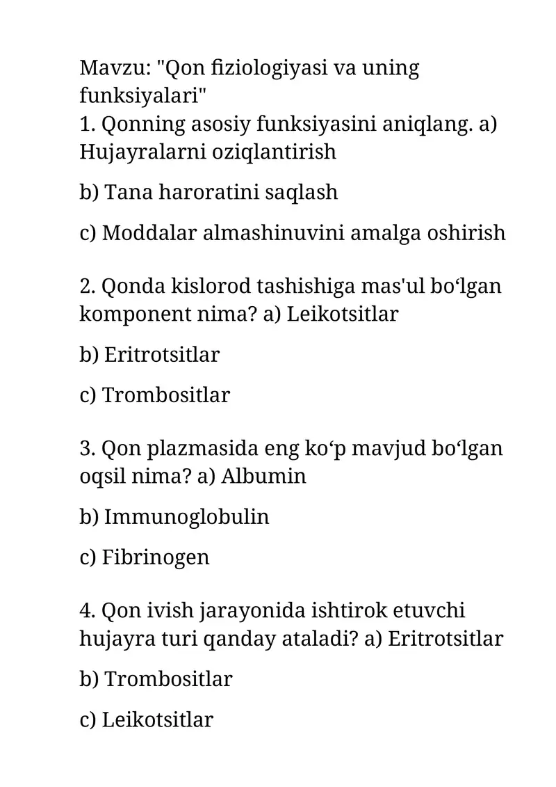 "Qon fiziologiyasi va uning funksiyalari"