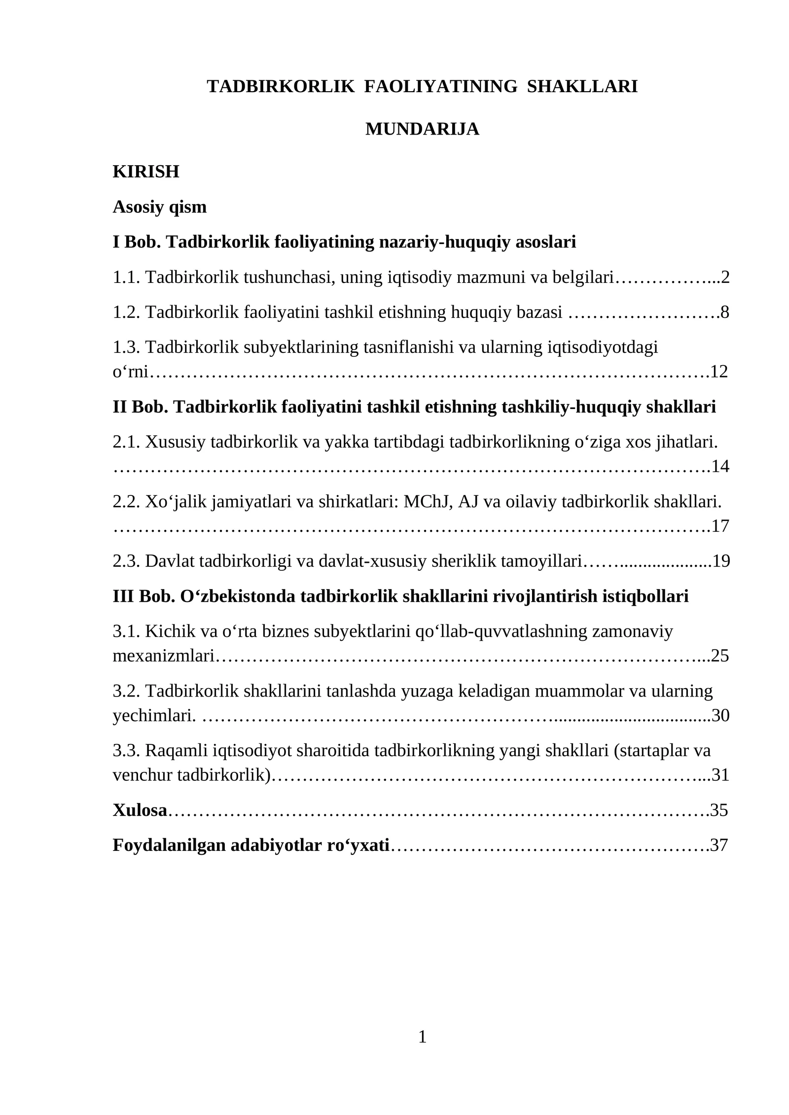 TADBIRKORLIK FAOLIYATINING SHAKLLARI