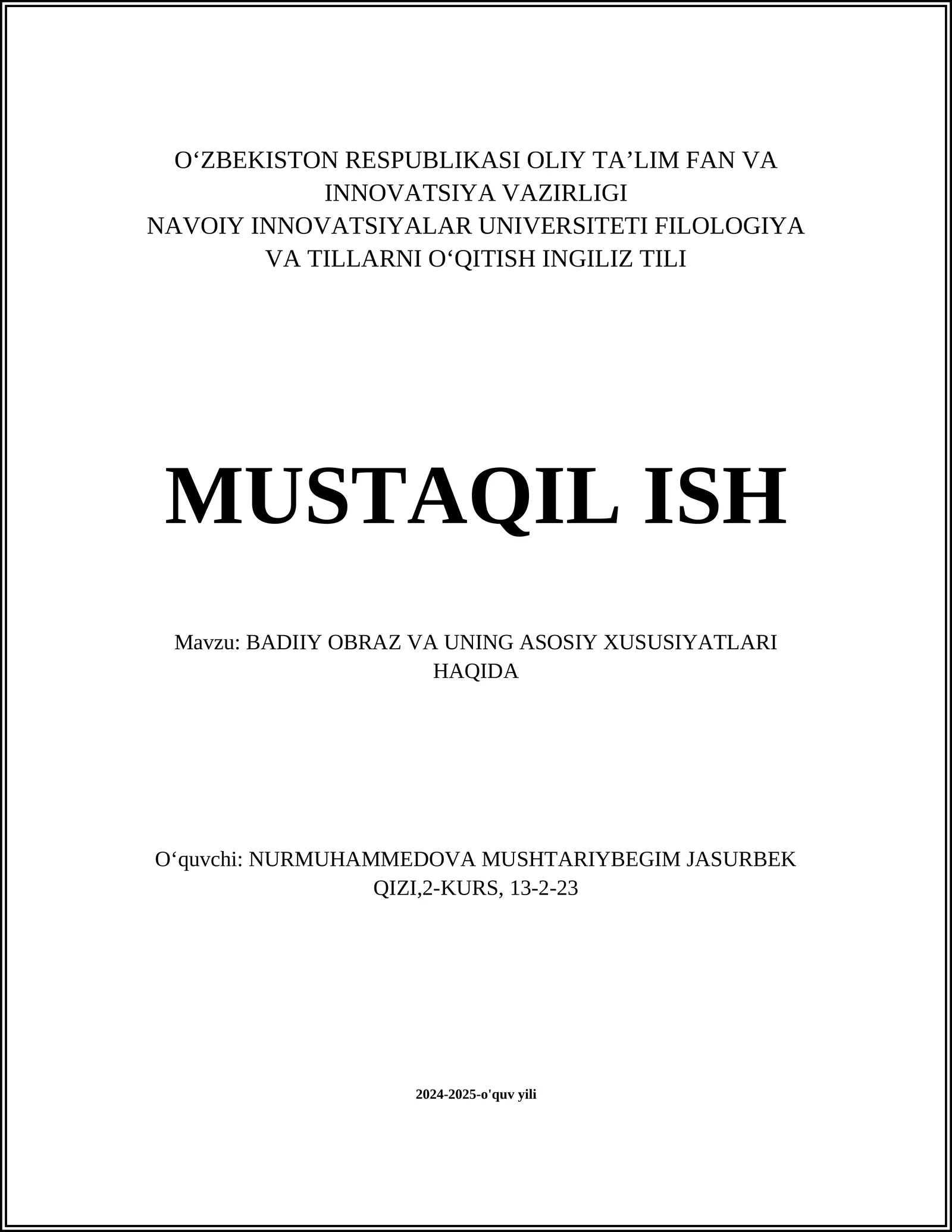 BADIIY OBRAZ VA UNING ASOSIY XUSUSIYATLARI HAQIDA