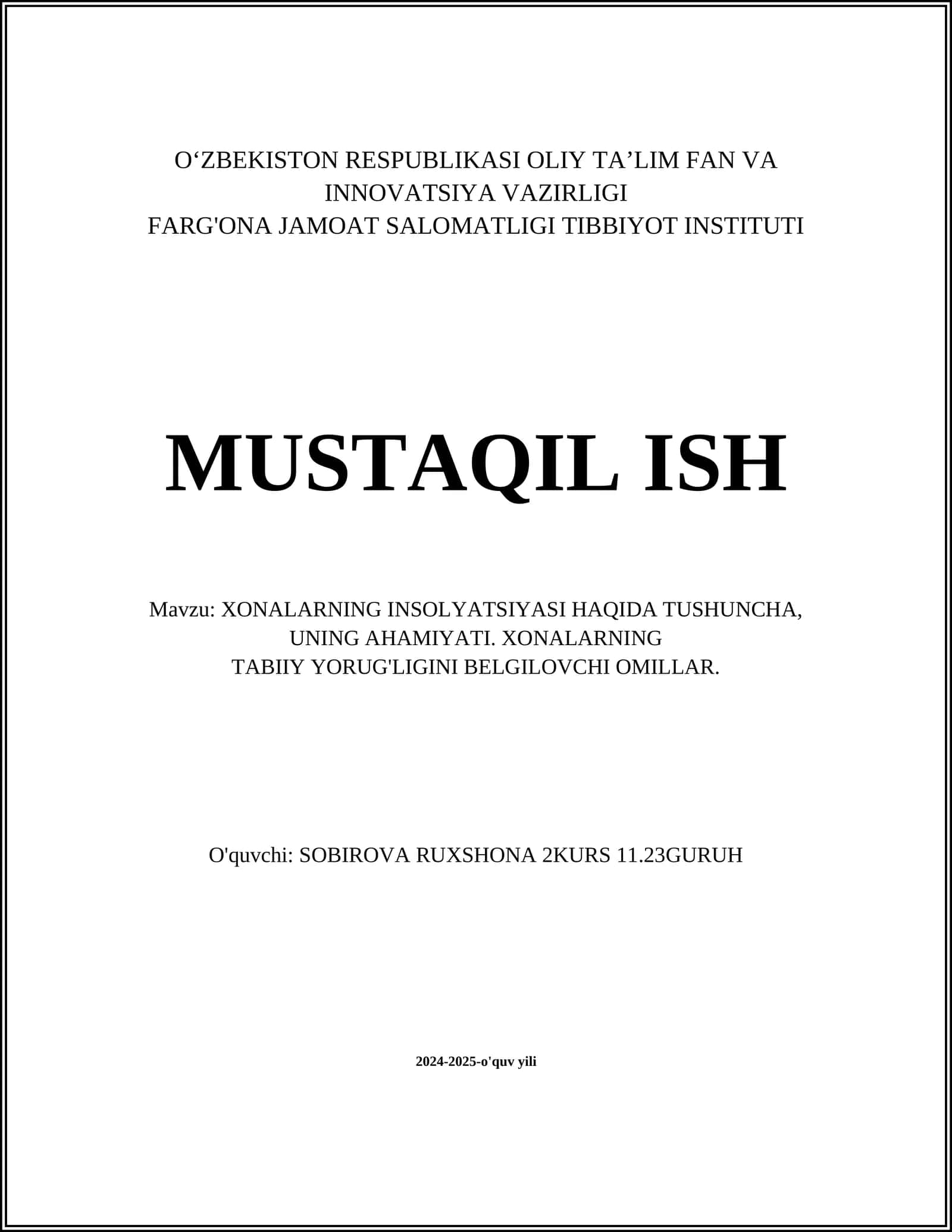 Xonalarning Insolyatsiyasi Haqida Tushuncha