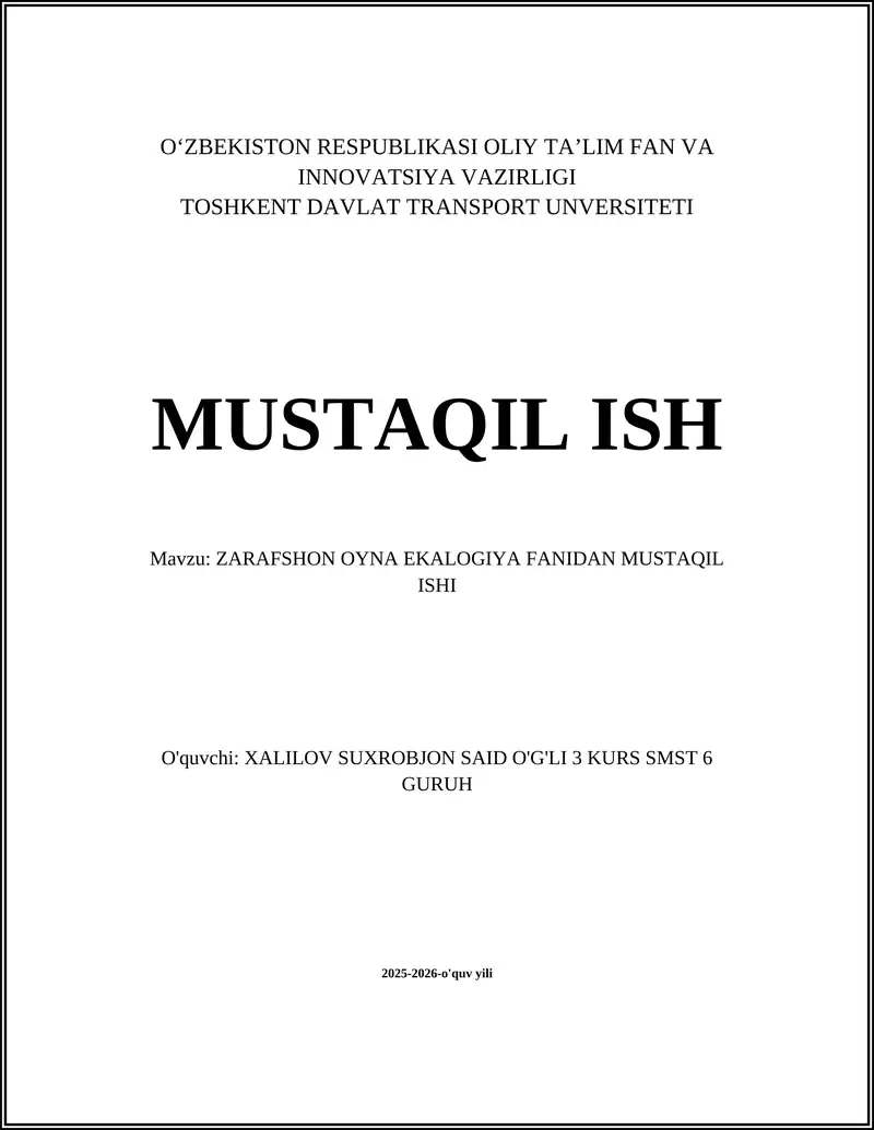 ZARAFSHON OYNA EKALOGIYA FANIDAN MUSTAQIL ISHI