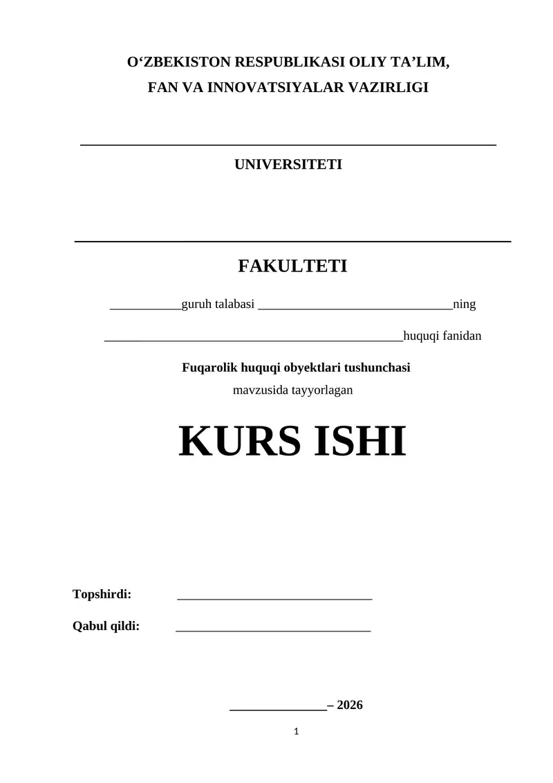 Fuqarolik huquqi obyektlari tushunchasi