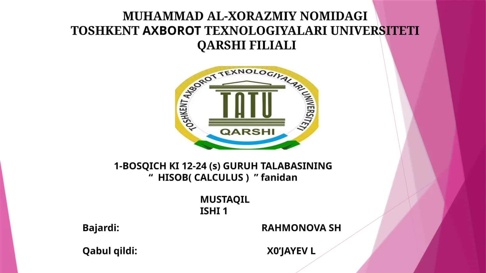 HISOB( CALCULUS ) fanidan MUSTAQIL ISHI