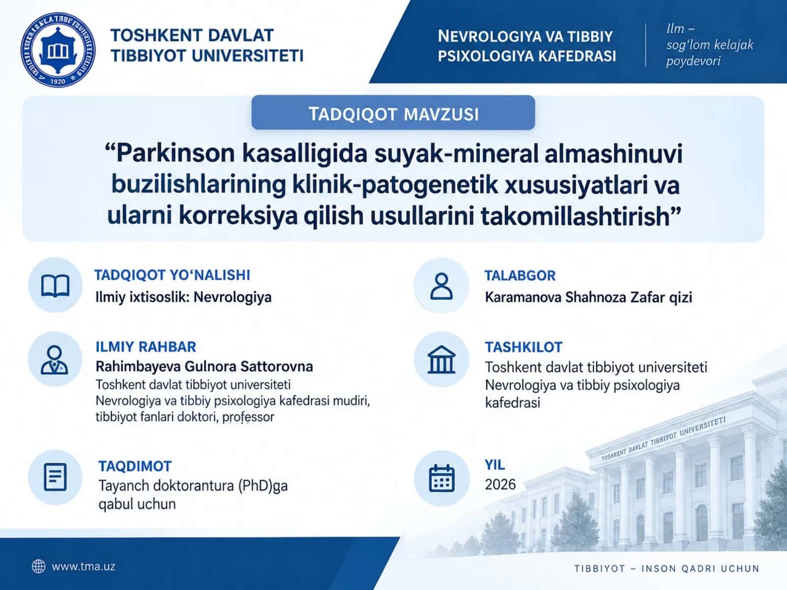 Parkinson kasalligida suyak-mineral almashinuvi buzilishlarining klinik-patogenetik xususiyatlari va ularni korreksiya qilish usullarini takomillashtirish
