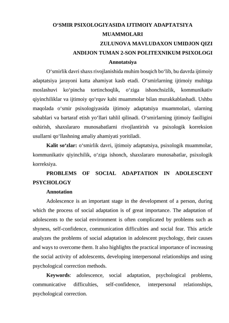 Oʻsmir Psixologiyasida Ijtimoiy Adaptatsiya Muammolari