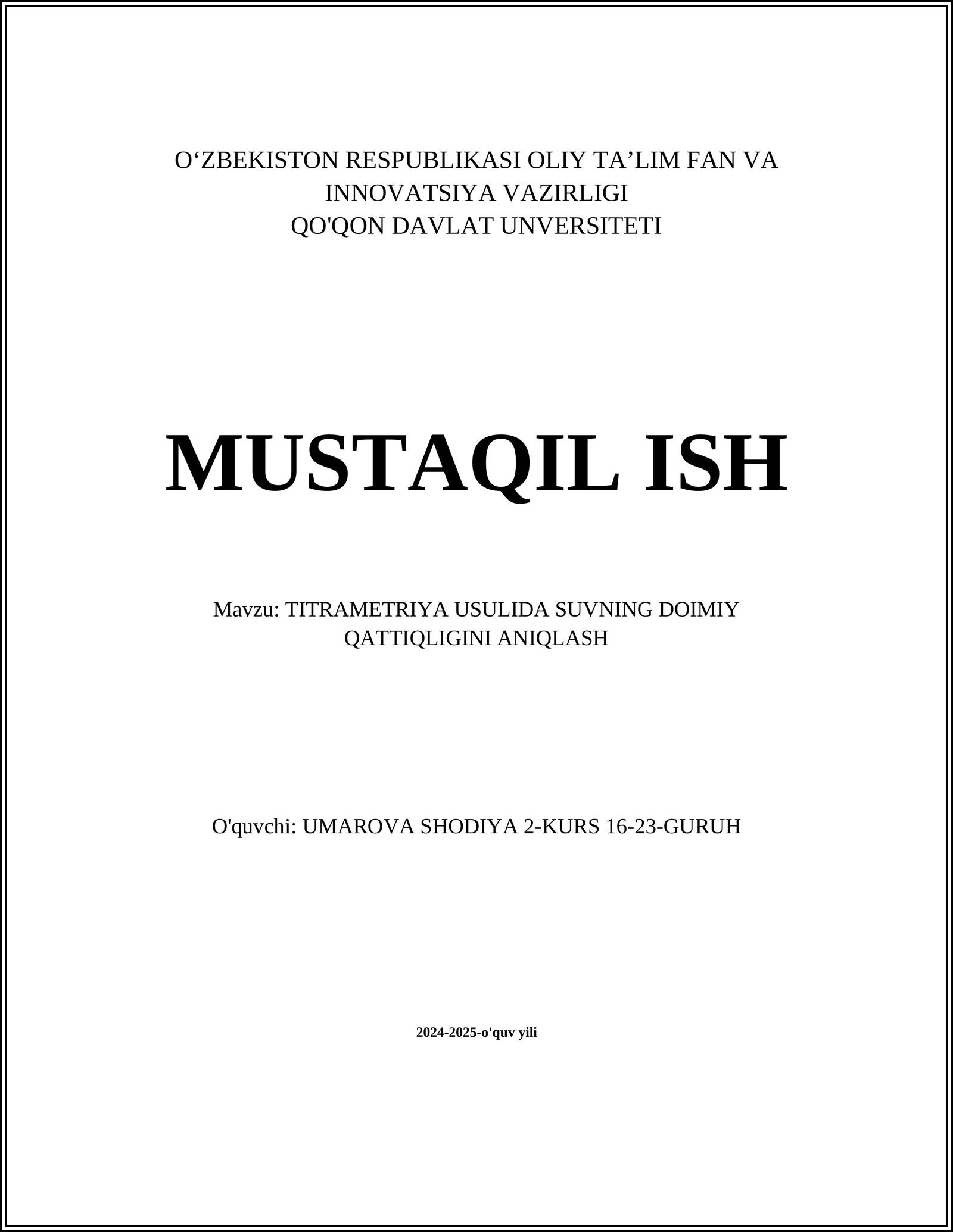 TITRAMETRIYA USULIDA SUVNING DOIMIY QATTIQLIGINI ANIQLASH