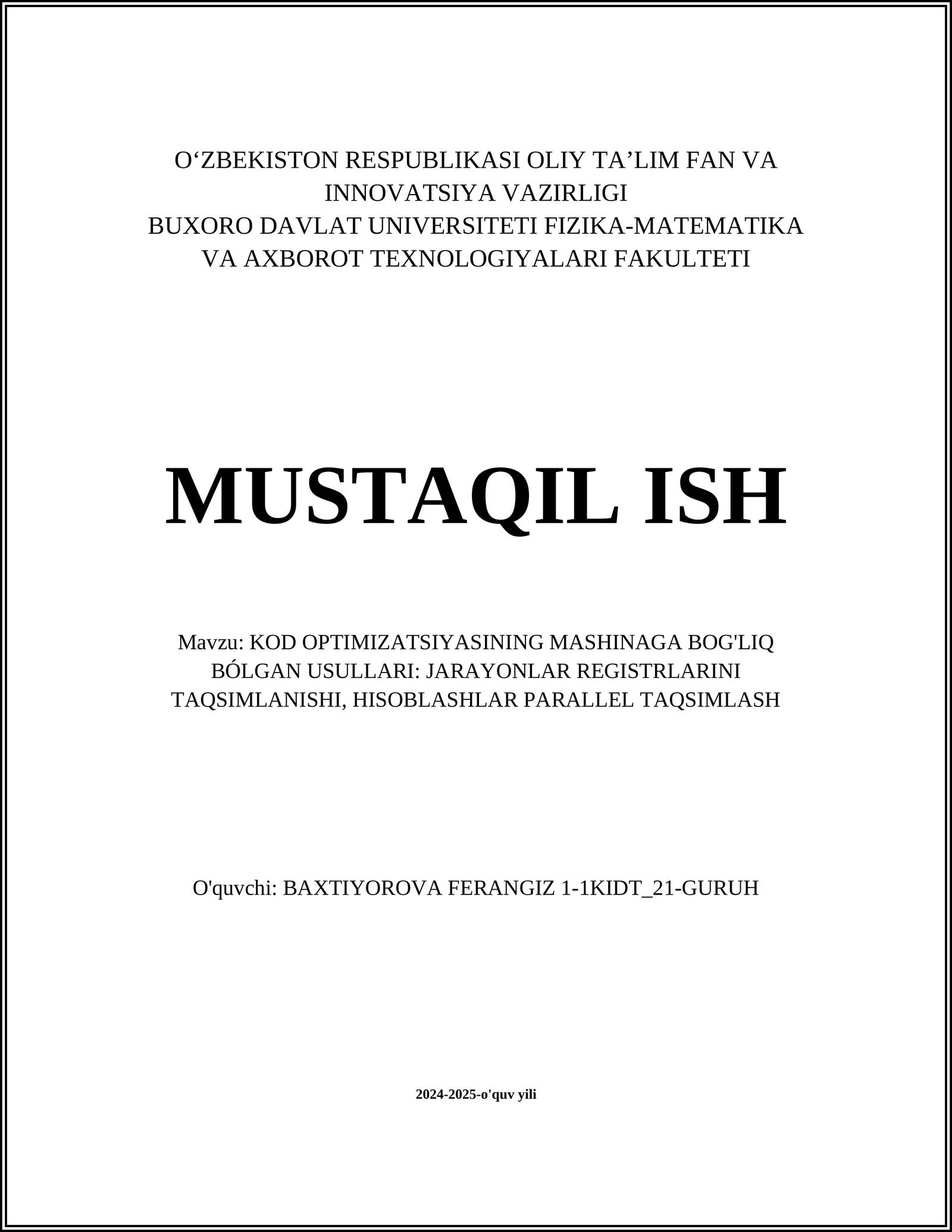 KOD OPTIMIZATSIYASINING MASHINAGA BOG'LIQ BÓLGAN USULLARI: JARAYONLAR REGISTRLARINI TAQSIMLANISHI, HISOBLASHLAR PARALLEL TAQSIMLASH