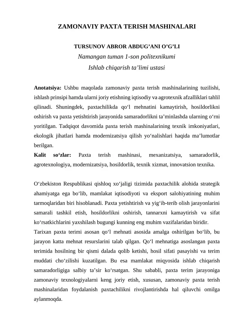 ZAMONAVIY PAXTA TERISH MASHINALARI