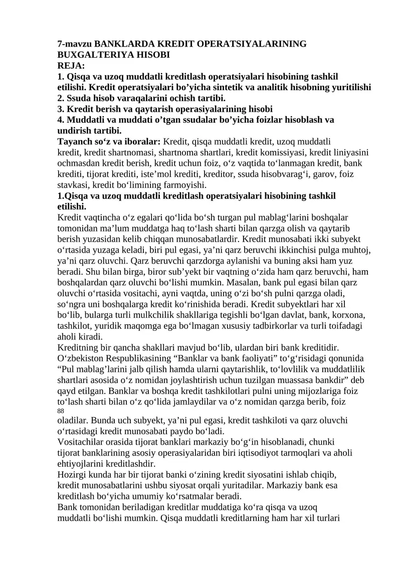 BANKLARDA KREDIT OPERATSIYALARINING BUXGALTERIYA HISOBI