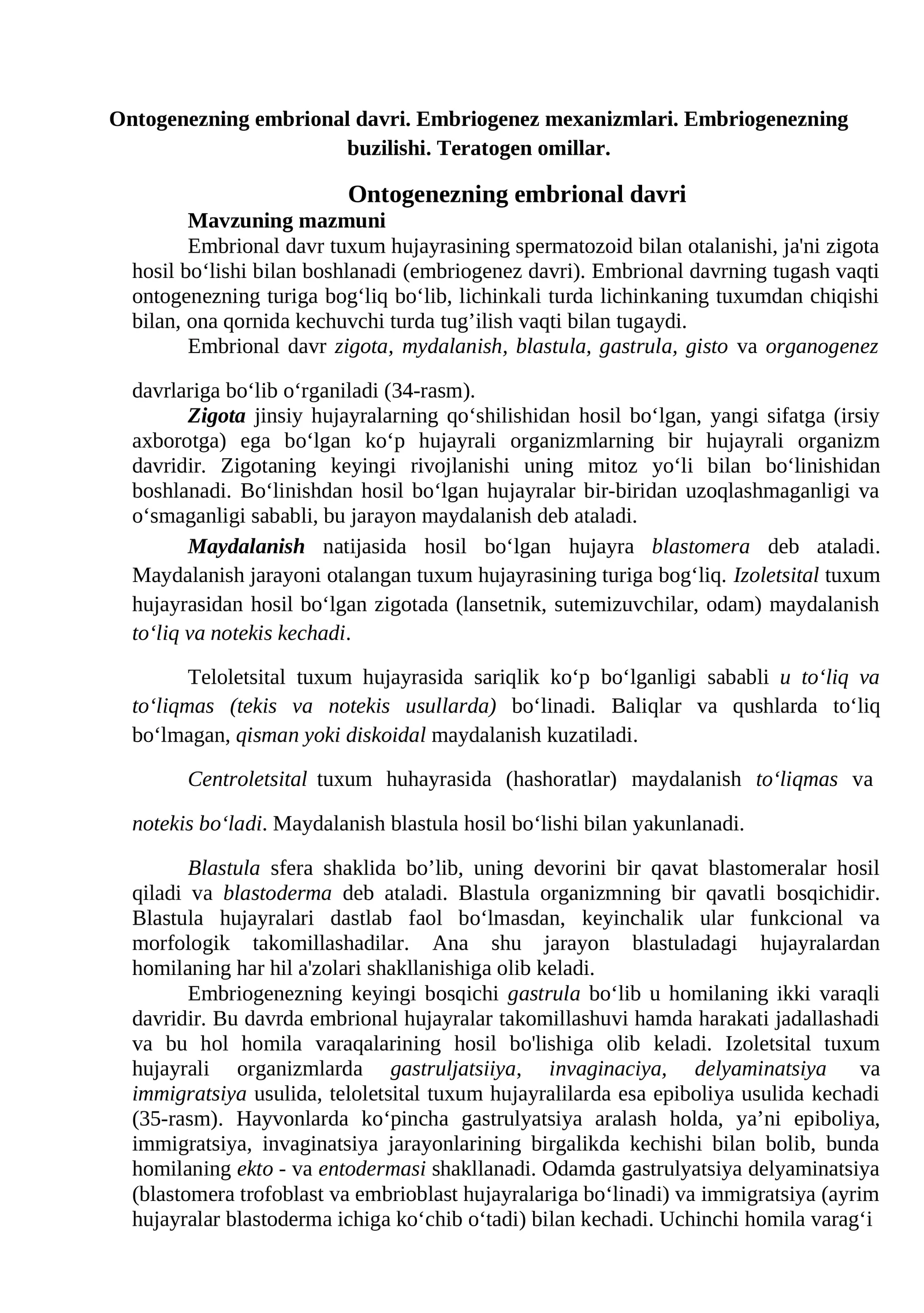 Ontogenezning embrional davri