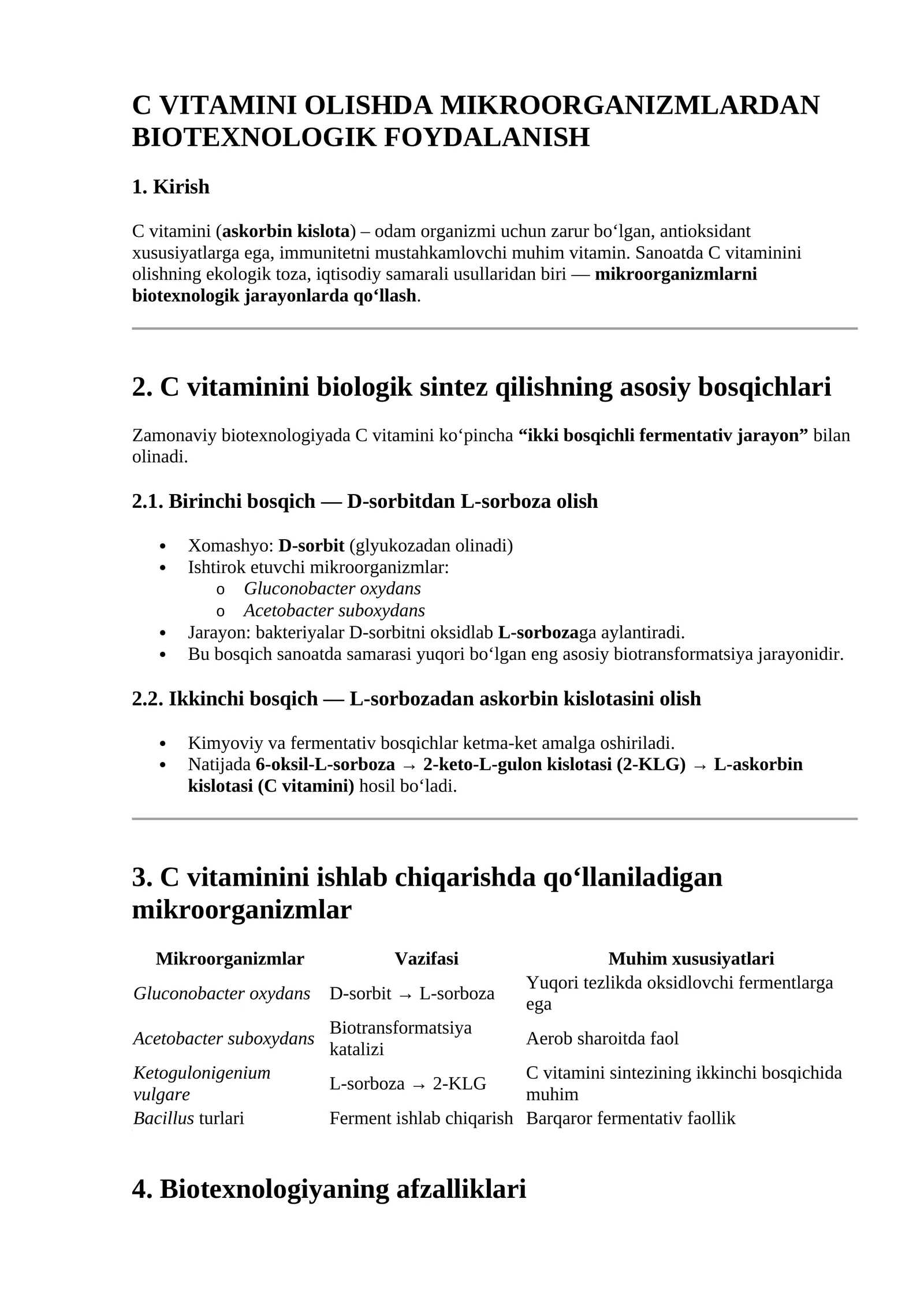 C VITAMINI OLISHDА MIKROORGANIZMLARDAN BIOTEXNOLOGIK FOYDALANISH