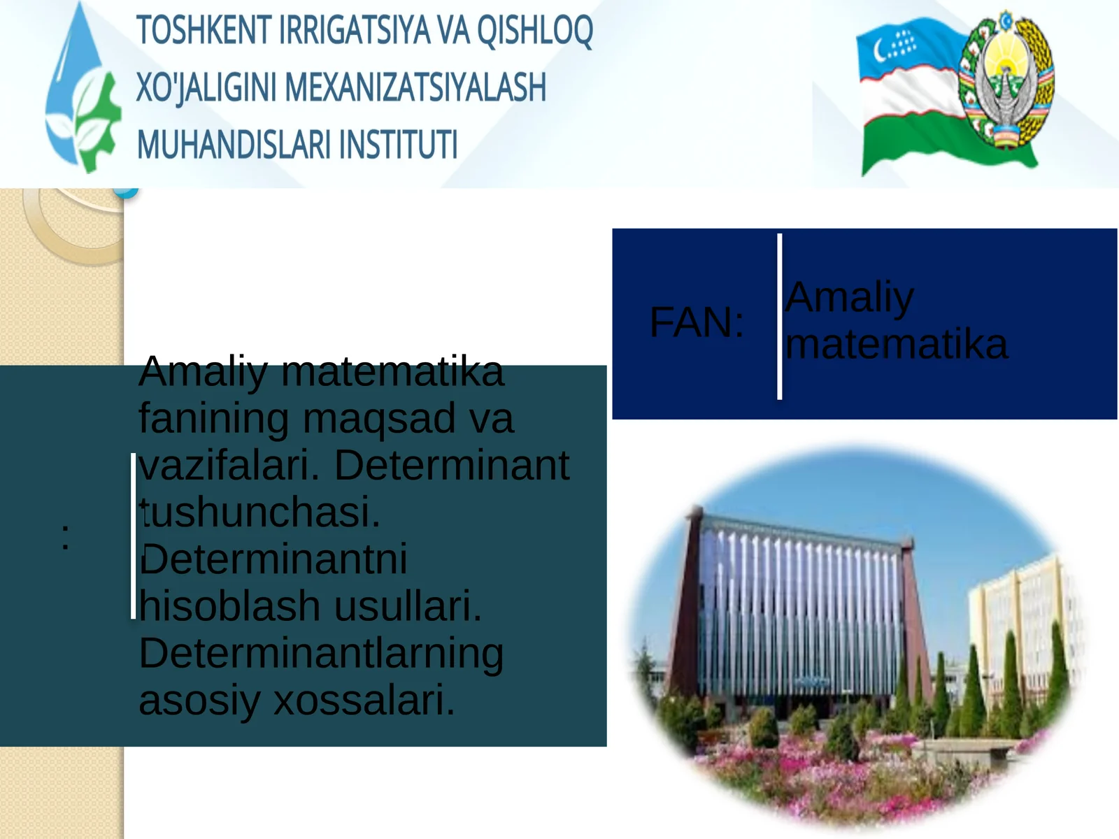 Amaliy matematika fanining maqsad va vazifalari. Determinant tushunchasi. Determinantni hisoblash usullari. Determinantlarning asosiy xossalari