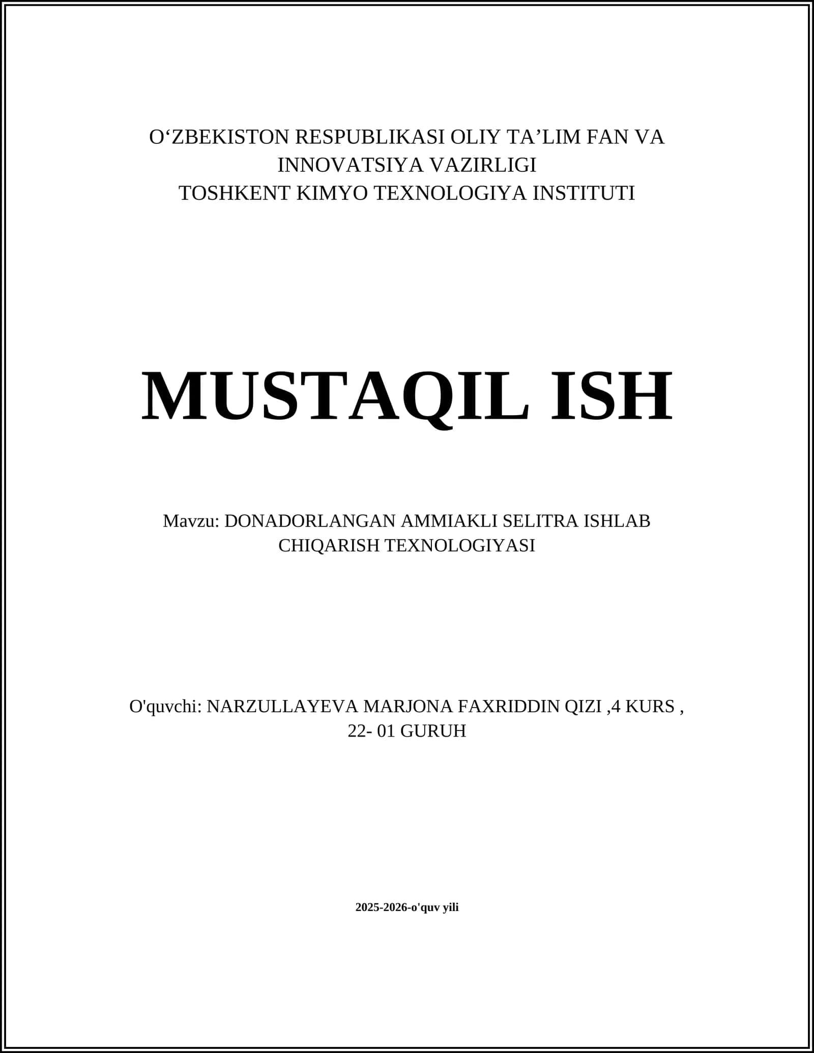 DONADORLANGAN AMMIAKLI SELITRA ISHLAB CHIQARISH TEXNOLOGIYASI