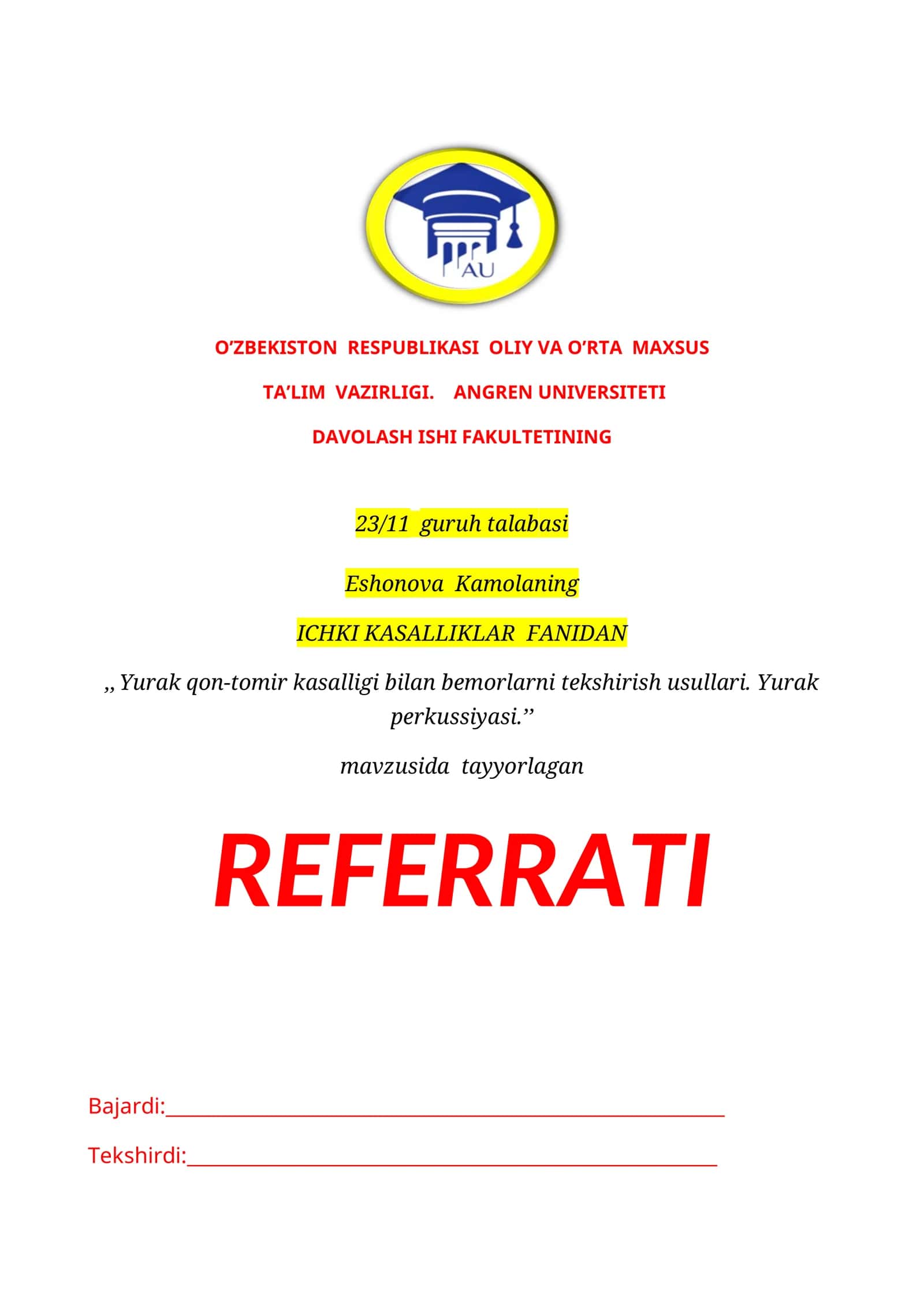Yurak qon-tomir kasalligi bilan bemorlarni tekshirish usullari. Yurak perkussiyasi