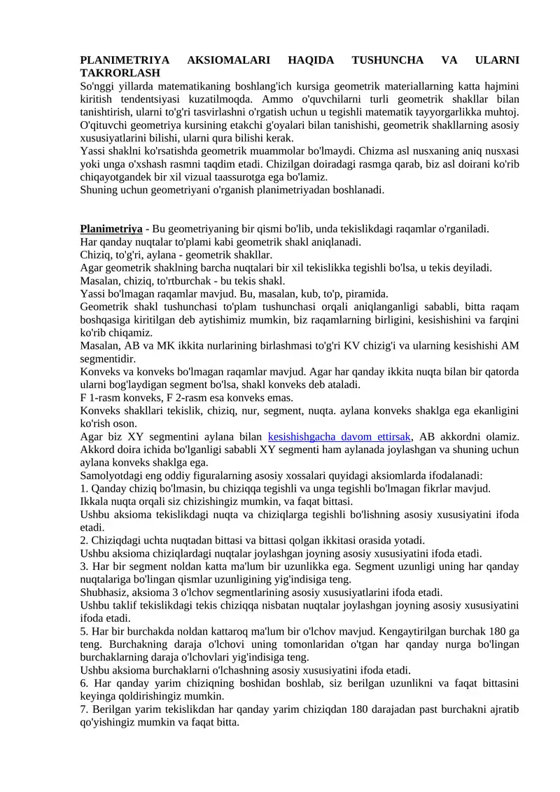 PLANIMETRIYA AKSIOMALARI HAQIDA TUSHUNCHA VA ULARNI TAKRORLASH