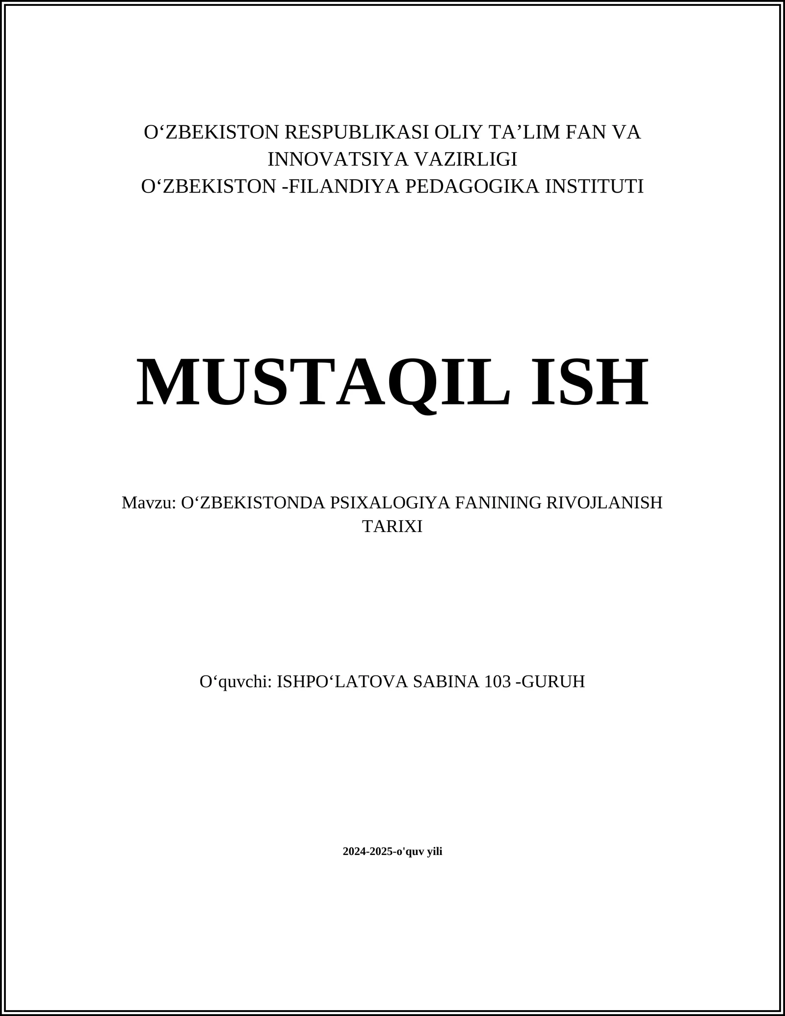 OʻZBEKISTONDA PSIXOLOGIYA FANINING RIVOJLANISH TARIXI
