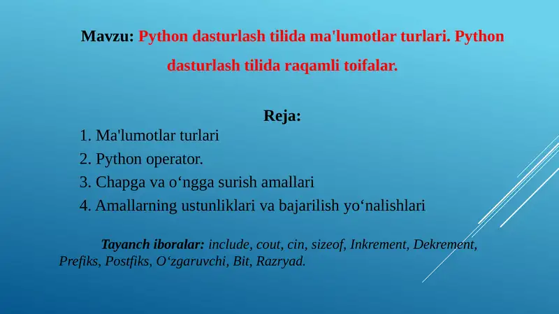 Python dasturlash tilida ma'lumotlar turlari. Python dasturlash tilida raqamli toifalar.
