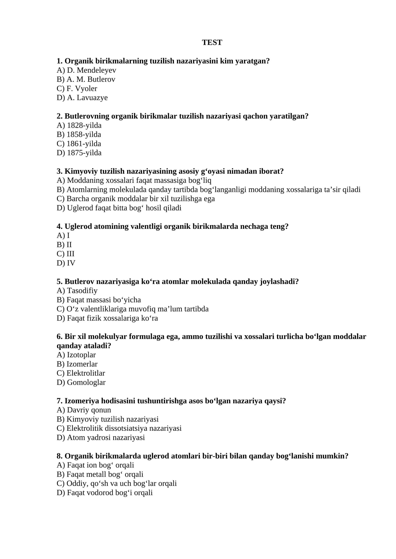 Organik birikmalar haqida savollar