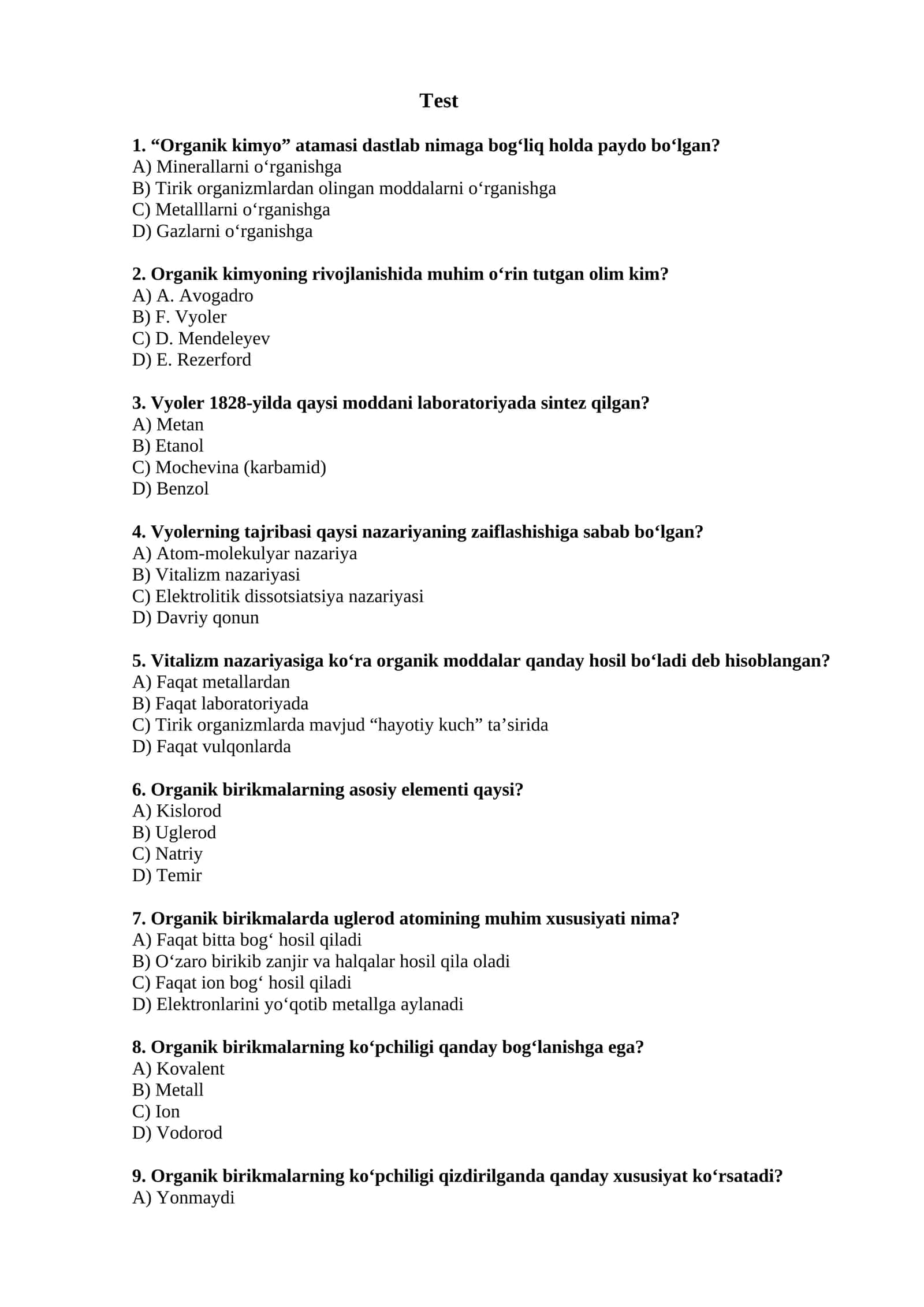 Organik kimyo test savollari