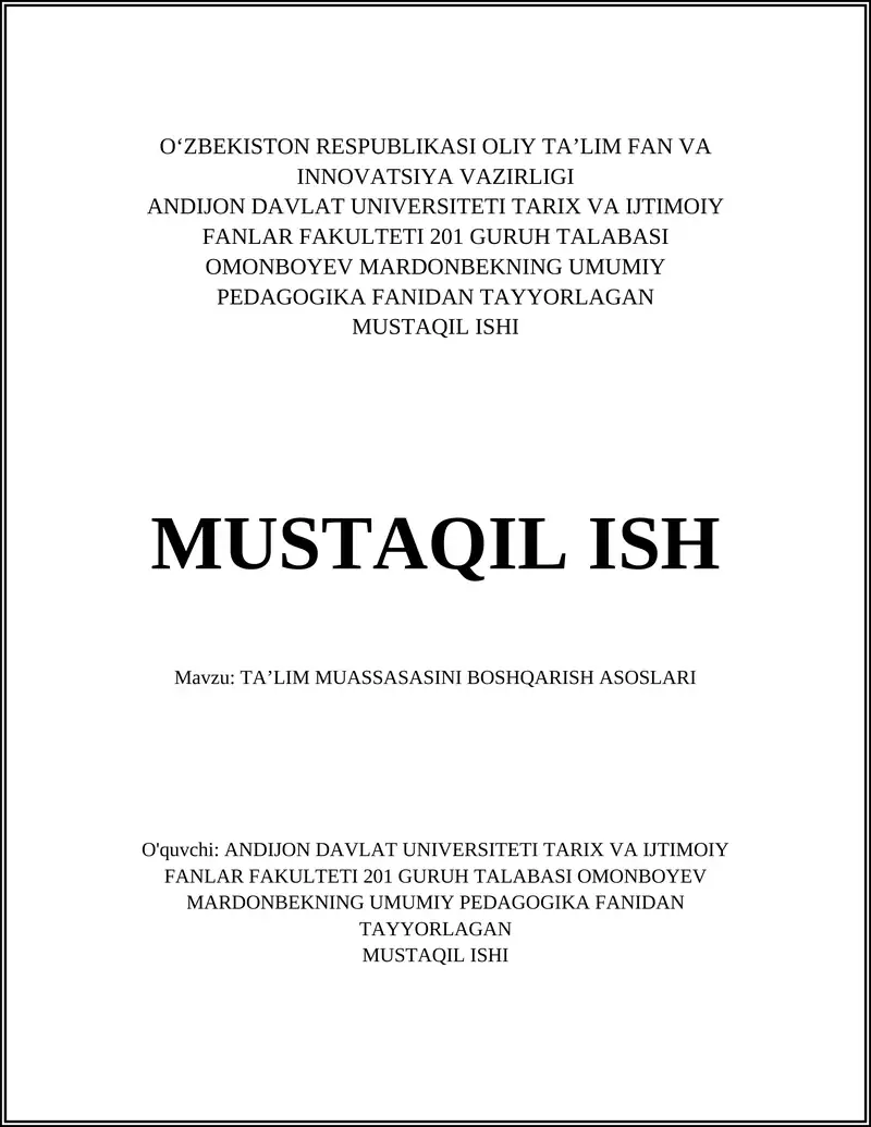 TA’LIM MUASSASASINI BOSHQARISH ASOSLARI