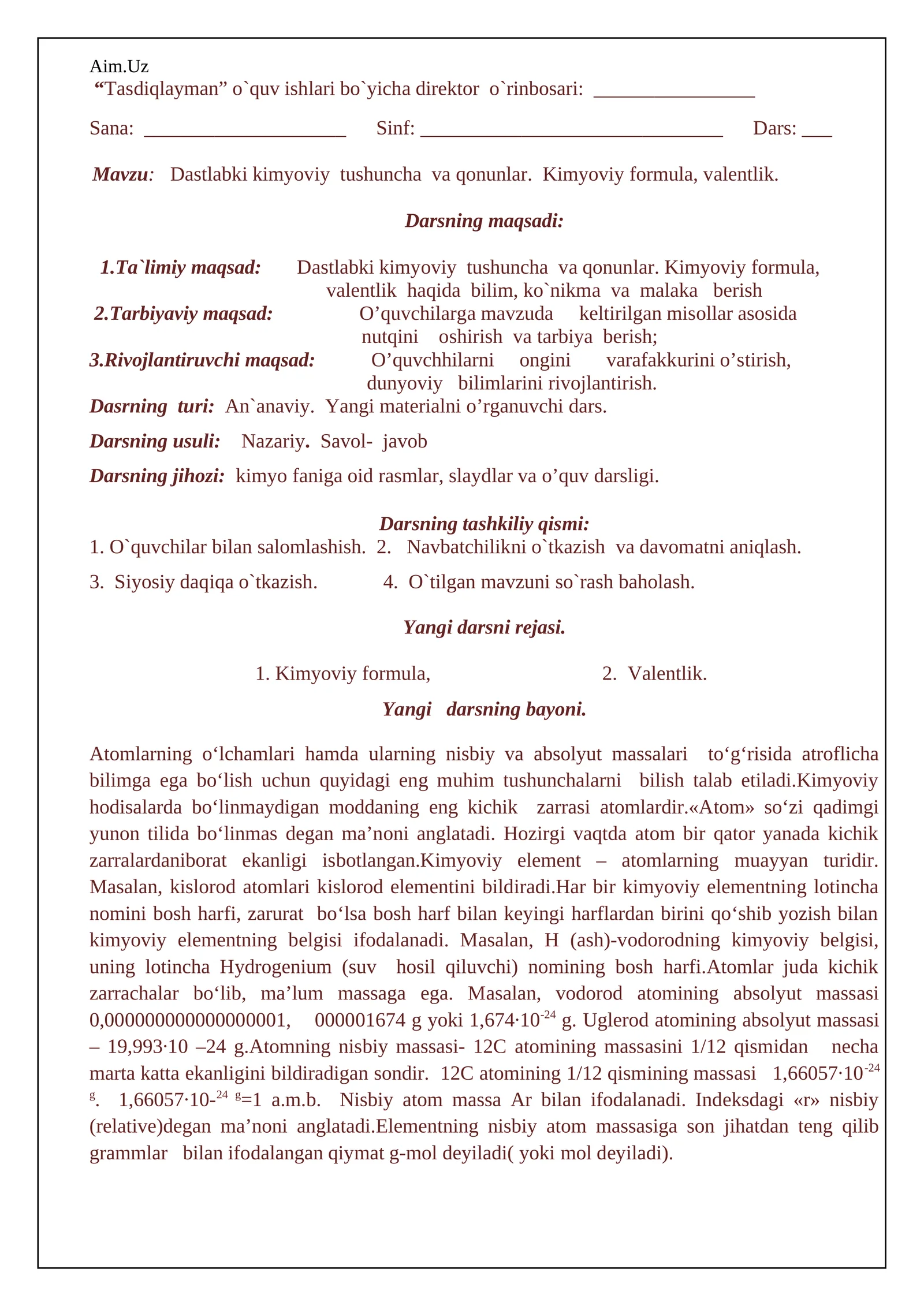 Dastlabki kimyoviy tushuncha va qonunlar. Kimyoviy formula, valentlik