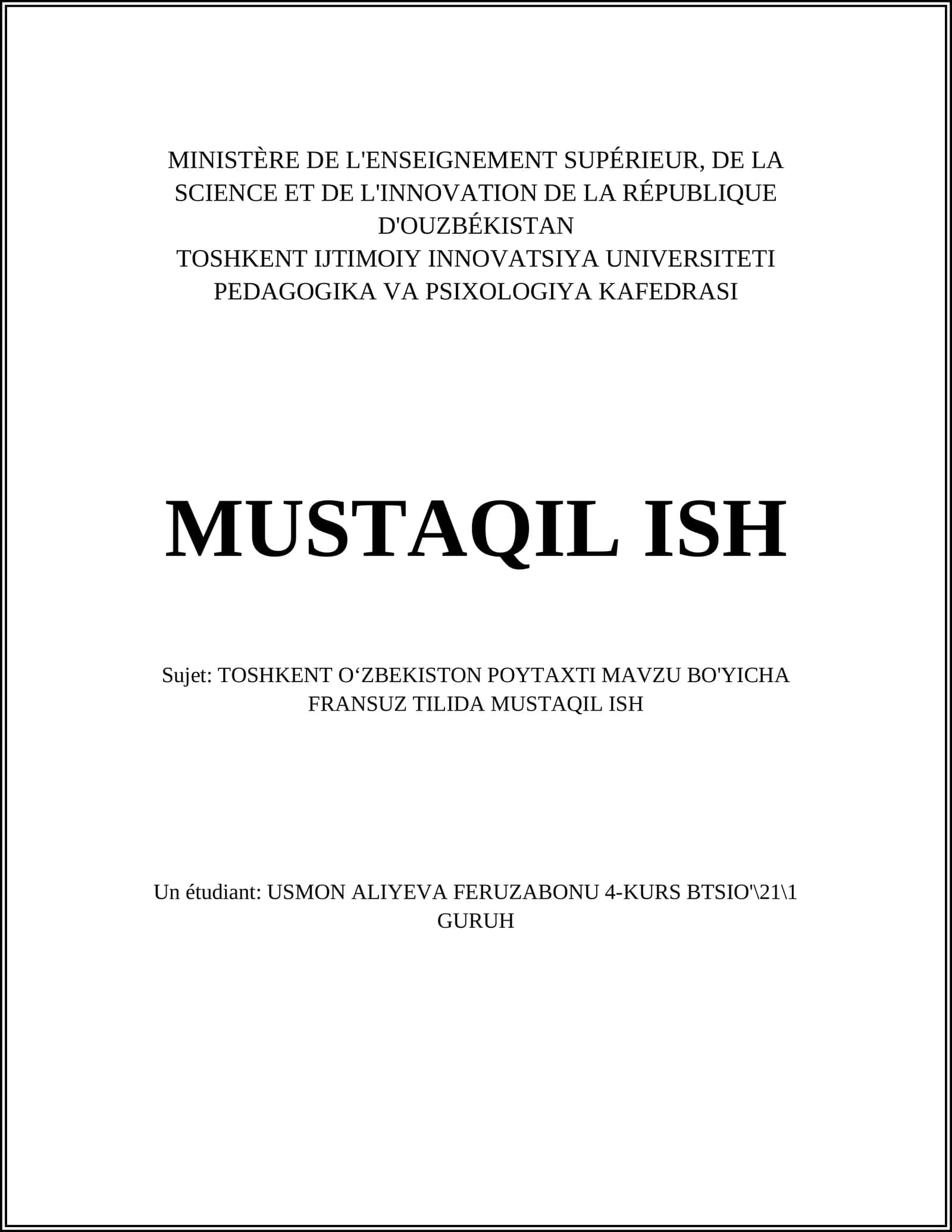 TOSHKENT OʻZBEKISTON POYTAXTI FRANSUZ TILIDA MUSTAQIL ISH