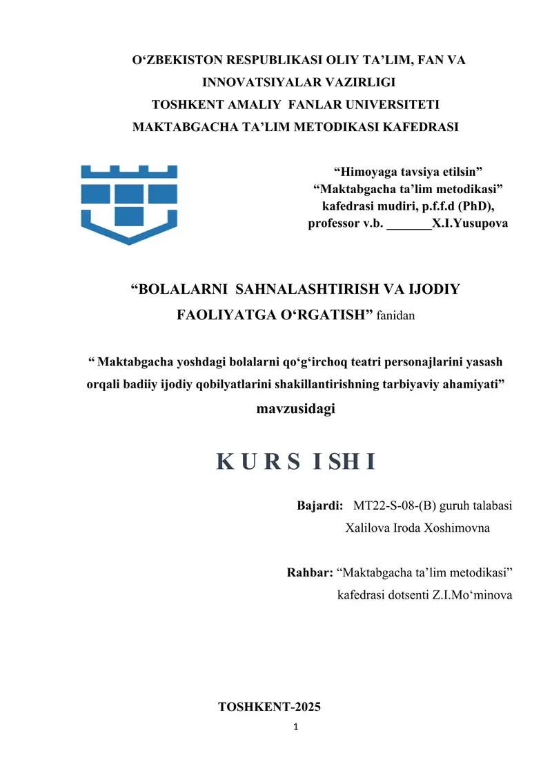 Maktabgacha yoshdagi bolalarni qoʻgʻirchoq teatri personajlarini yasash orqali badiiy ijodiy qobilyatlarini shakillantirishning tarbiyaviy ahamiyati.