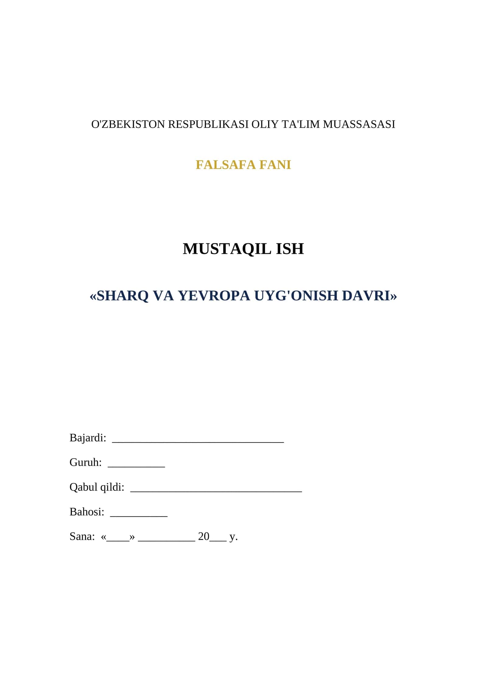 SHARQ VA YEVROPA UYG'ONISH DAVRI