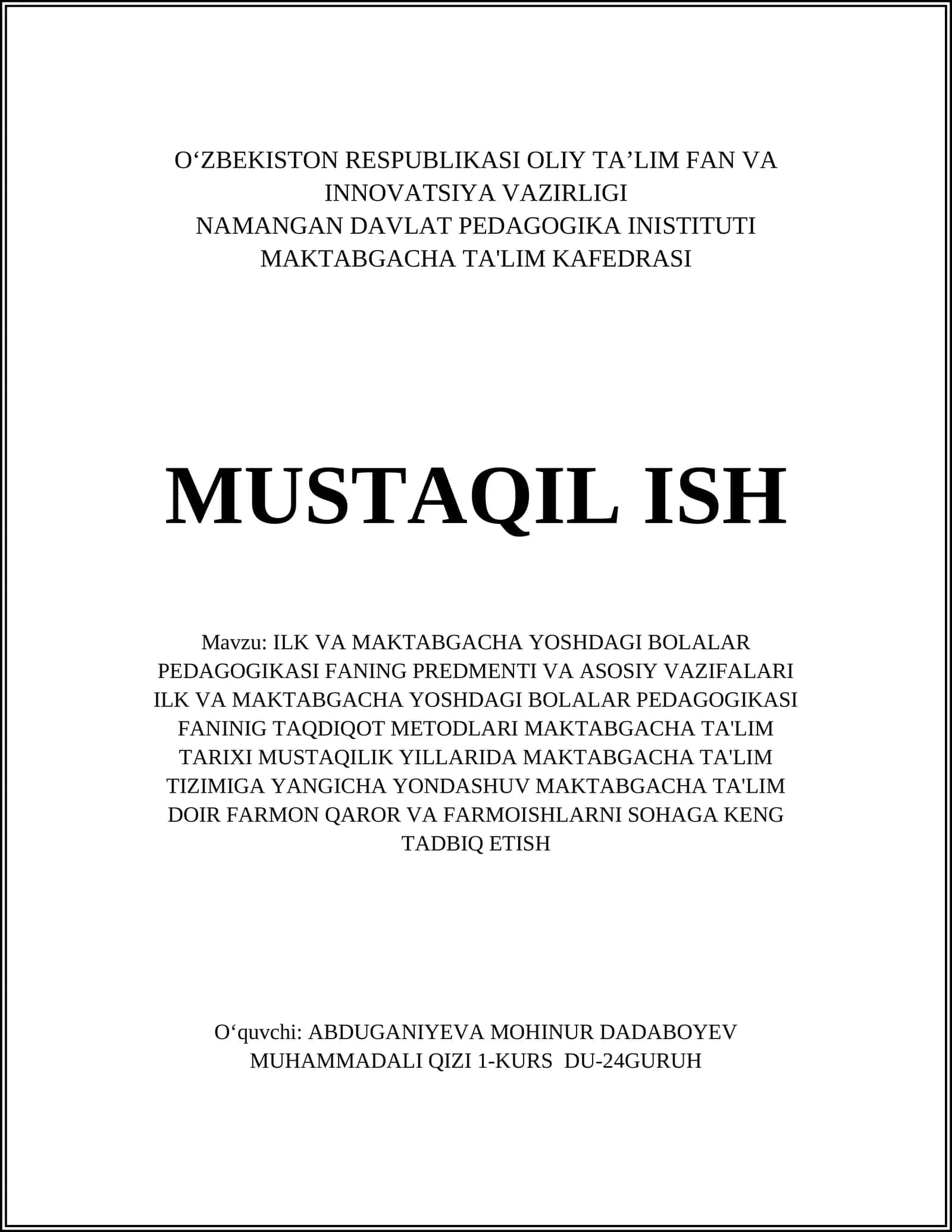 ILK VA MAKTABGACHA YOSHDAGI BOLALAR PEDAGOGIKASI FANING PREDMENTI