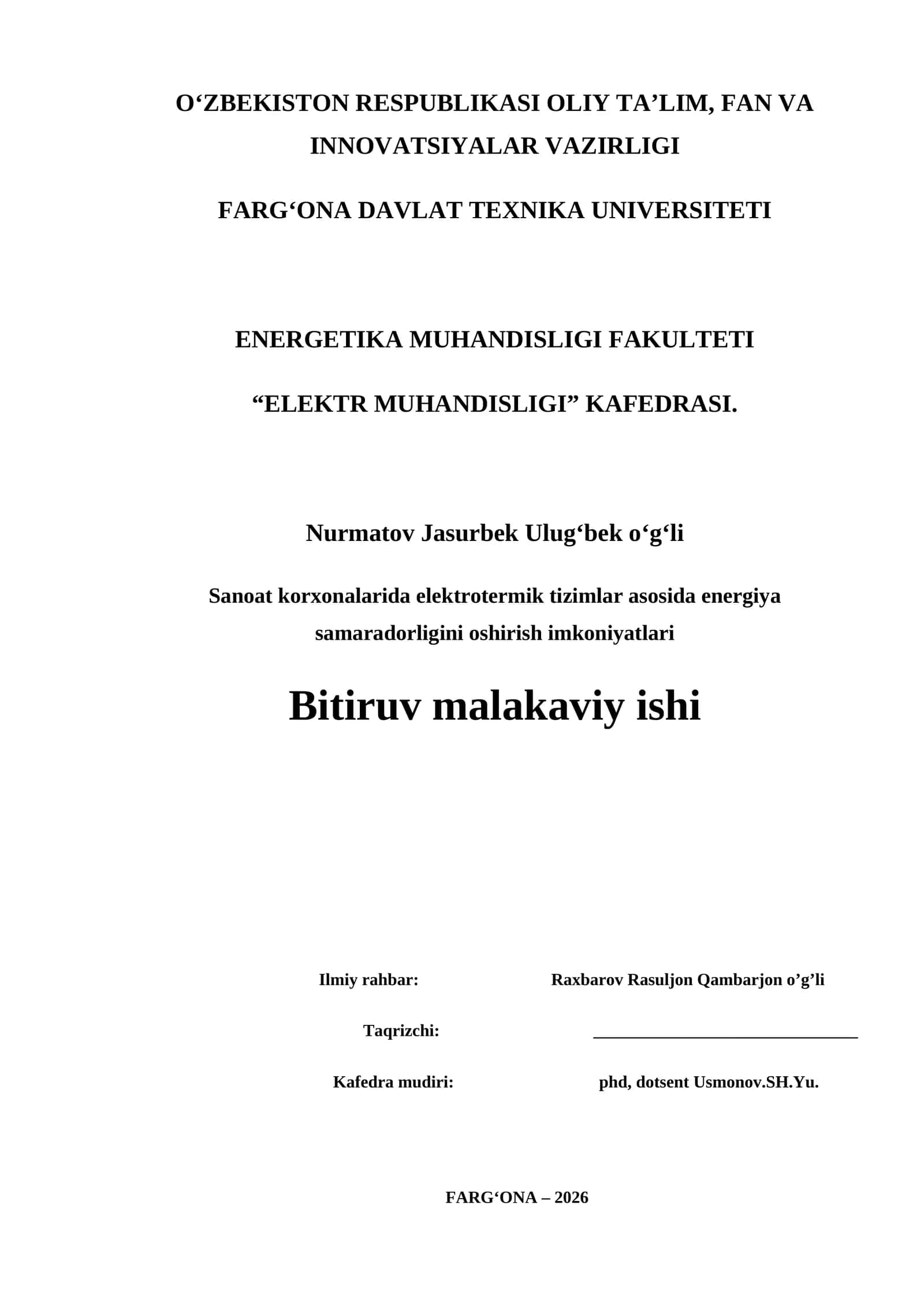 Elektrotermik Tizimlar asosida Energiya Samaradorligini Oshirish Imkoniyatlari