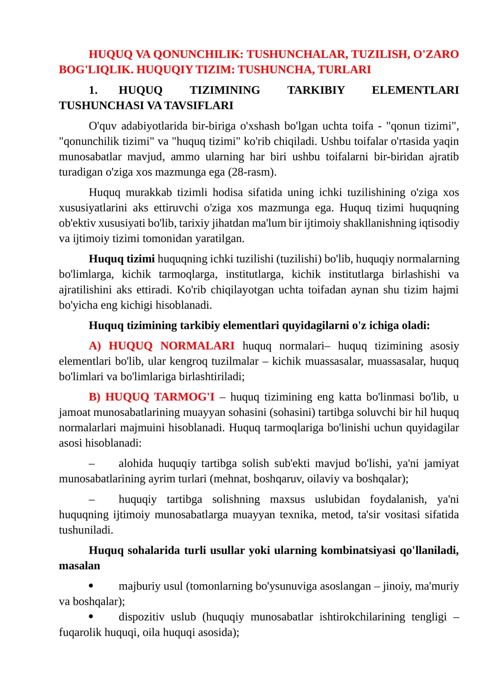 HUQUQ VA QONUNCHILIK: TUSHUNCHALAR, TUZILISH, O'ZARO BOG'LIQLIK. HUQUQIY TIZIM: TUSHUNCHA, TURLARI