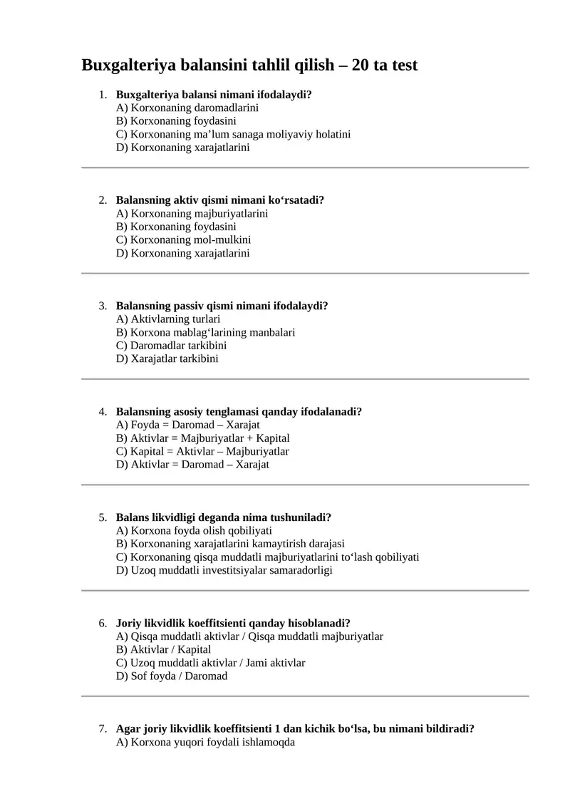 Buxgalteriya balansini tahlil qilish – 20 ta test