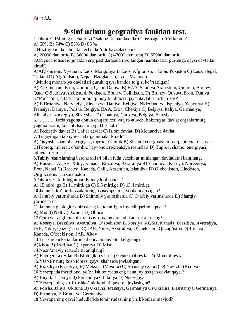 9-sinf uchun geografiya fanidan test