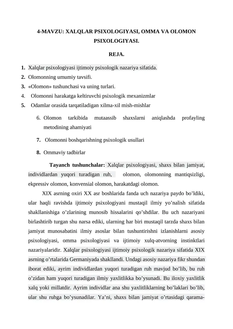 XALQLAR PSIXOLOGIYASI, OMMA VA OLOMON PSIXOLOGIYASI