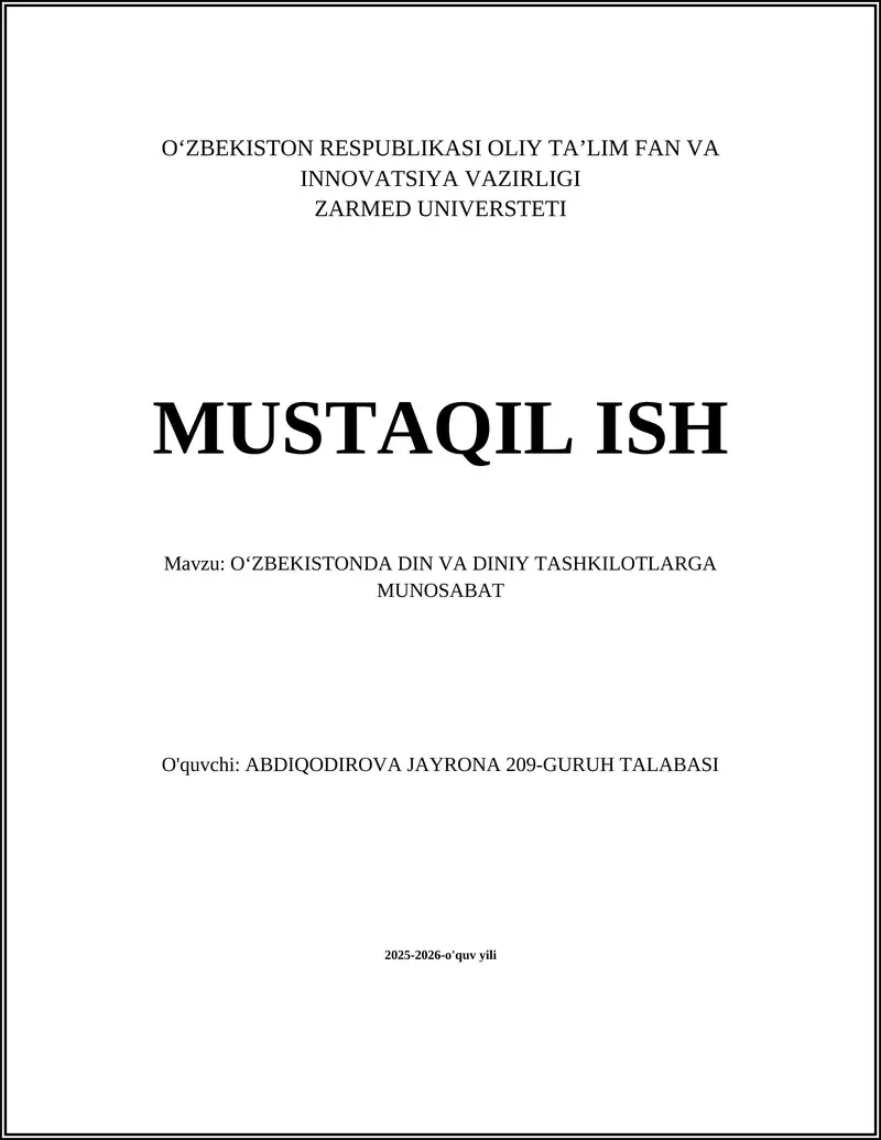 OʻZBEKISTONDA DIN VA DINIY TASHKILOTLARGA MUNOSABAT